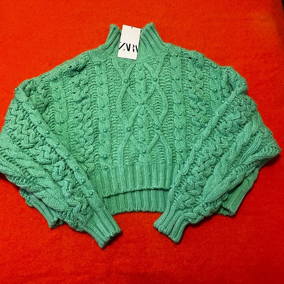 Zara green oversized cable-knit chunky sweater with pearls NWT - Picture 3 of 9